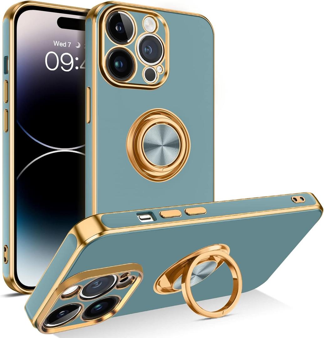 BENTOBEN for iPhone 14 Pro Max Case, Slim Lightweight 360 Ring Holder Kickstand Support Car Mount Shockproof Women Men Non-Slip Protective Case for iPhone 14 Pro Max 6.7", Gray Green