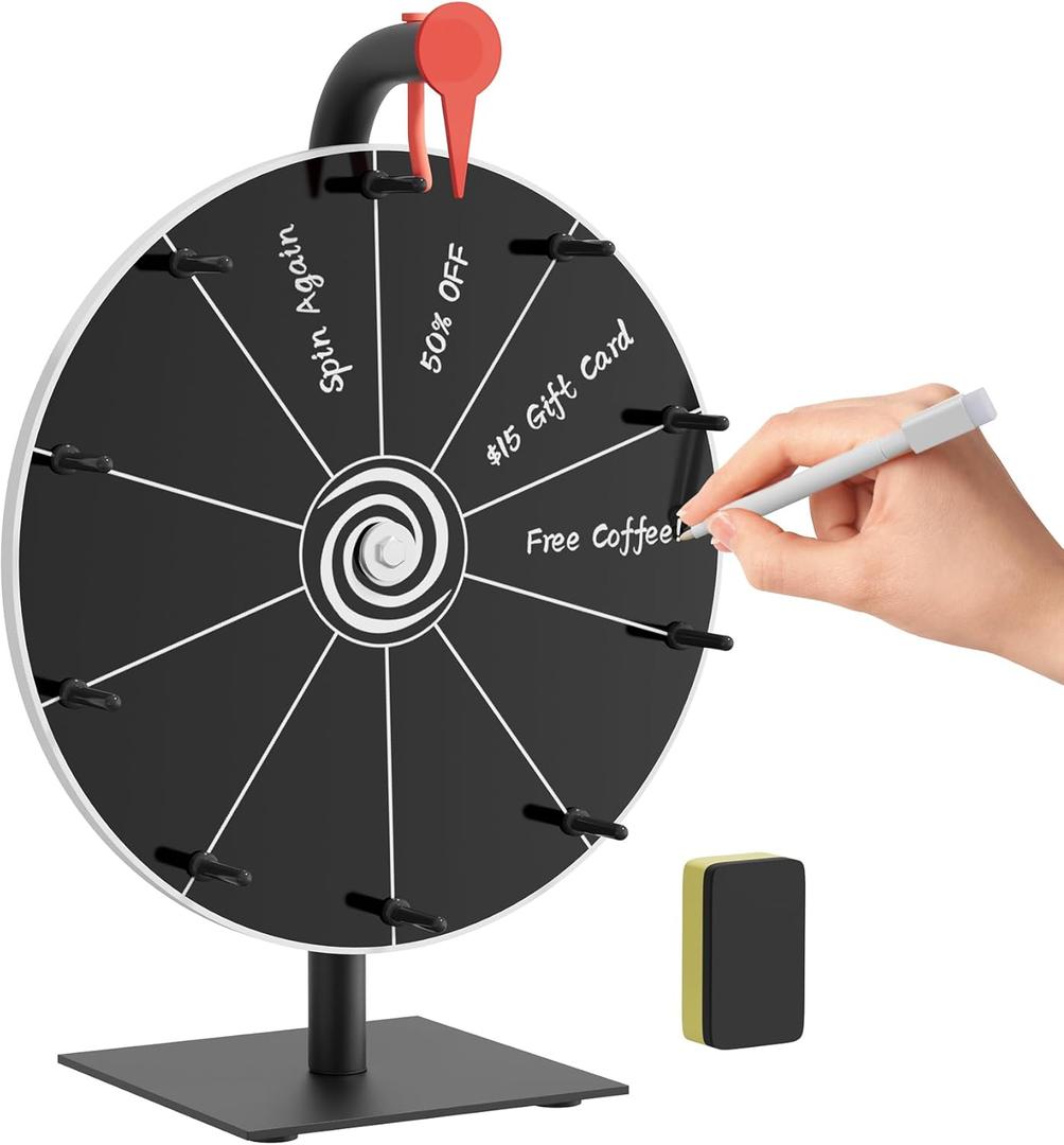 12 Inch 10 Slots Prize Wheel Spinner with Stand, Spinning Wheel for Prizes with Dry Erase Marker & Eraser, Portable Spin Wheel of Fortune Game Roulette Wheel for Home Parties, Carnival, Trade Show