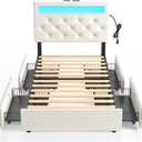 Rolanstar Twin Bed Frame with Charging Station and LED Lights, Upholstered Bed with Adjustable Headboard and 4 Storage Drawers, No Box Spring Needed, Easy Assembly, White