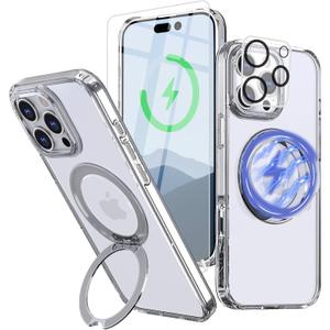 for iPhone 16 Pro Max Case with Screen Protector & Lens Protector [15 FT Military Drop Protection] Magnetic Kickstand Compatible with MagSafe Slim Translucent Case (Crystal Clear)