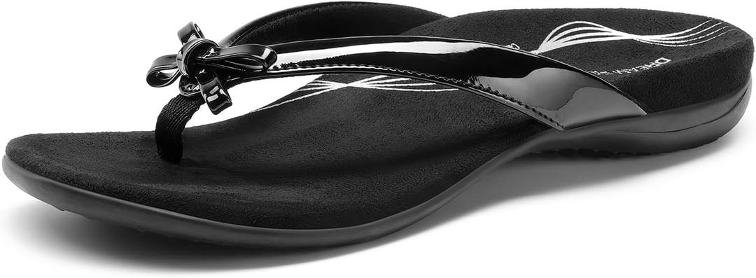 DREAM PAIRS Women's Arch Support Flip Flops Comfortable Dressy Orthopedic Thong Sandals Slides with Bow for Walking Summer Vacation (7, All Black)