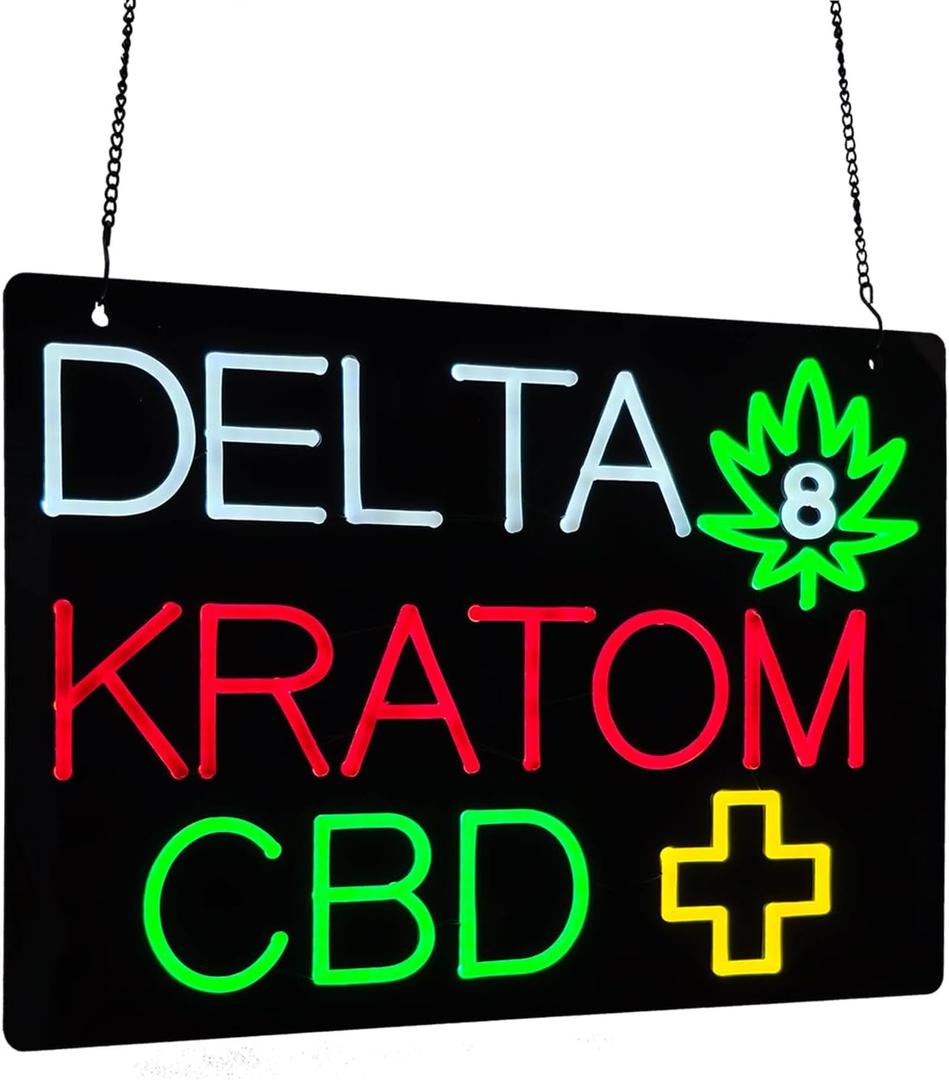 Dlt8 Kratom CBD LED Neon Sign, 20"×14", Hight Bright Business Signboard for Smoke Vape Head Hemp Night Shop, Herbal Botanical Convenience Stores, Black Acrylic Backboard, Durable, Storefront Decor.