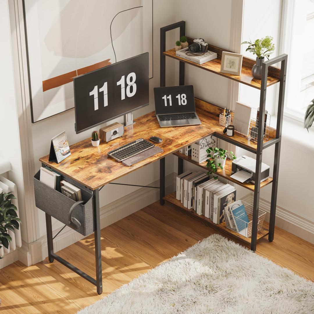 Treesland 40 Inch Computer Desk with Bookshelf, Corner Desk with Storage, L Shaped Desk, Home Office Desks, Writing Study Desk for Bedroom, Brown
