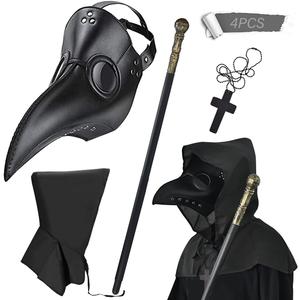 Plague Bird Doctor Mask PU Leather Long Nose Beak Mask with Cloak Crucifixion Necklace Scepter Scary Halloween Mask