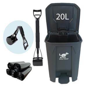 Large Dog Poop Trash Can Outdoor 20L / 5.3 Gallon with Foldable Pooper Scooper - Waterproof Pet Waste Station Set, Foot Pedal, Inner Bucket & 100 Bags for Backyard