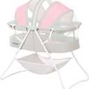 Dream On Me Karley Baby Bassinet in Grey and Pink, Lightweight Portable, Quick Fold and Easy to Carry , Adjustable Double Canopy, Indoor and Outdoor with Large Storage Basket.