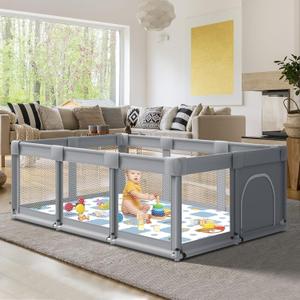 74" 50" Large Baby Playpen, Baby Playard for Babies and Toddlers, Baby Fence Play Pens for Indoor & Outdoor, Sturdy Safety Play Yard with Soft Breathable Mesh, Anti-Fall, Grey (74*50 IN, Grey)