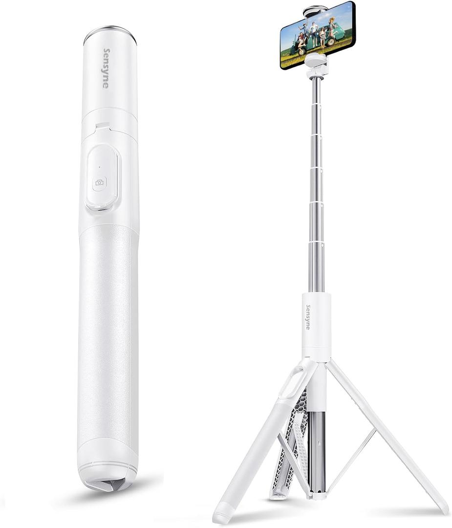 Sensyne 60" Phone Tripod, Lightweight All in One Selfie Stick Integrated with Wireless Remote Compatible with All Cell Phones for Selfie/Video Recording/Photo/Live Stream/VlogWhite