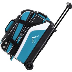 Double Roller 2 Ball Bowling Bag with Separate Shoe Compartment for Bowling Shoes (Up To US Men Size 15) and Abundant multifunction Accessory Pocket, Upgraded fabric, Retractable Handle - Extends to 40" (Black-Blue)