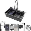31.5 x 17.7 inch Black Stainless Steel Kitchen Sink with Cup Washer, Single Bowl Kitchen Sinks Workstation with Spring Pull-Down Faucet, Soap Dispenser