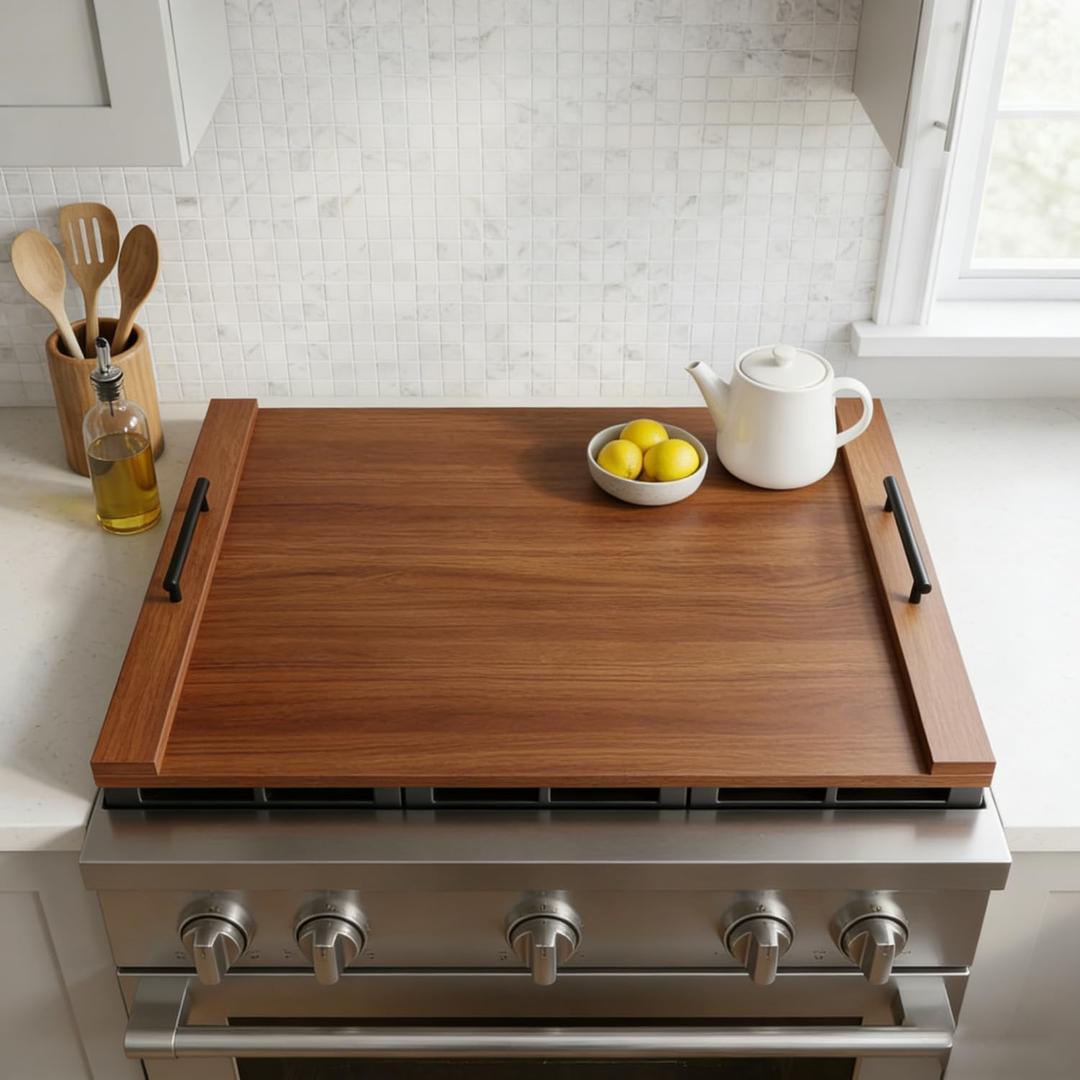 Walnut Finish Stove Top Cover for Gas & Electric Range | 30"x22" Rustic Noodle Board with Handles | RV Kitchen Workspace Saver