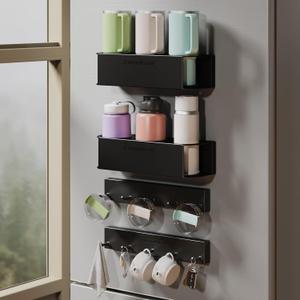 Magnetic Cup Holder for Fridge for 20/30/40 oz Stanley Tumblers Water Bottle Storage Holders & Lid Hook Organizers 2 Pack (6 Cups, 10 Hooks)