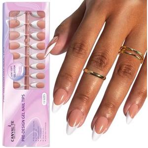 Canvalite French Tip Press on Nails Gel Nail Tips - 300Pcs Pre-Colored Quick and Easy Press on Nails Almond Fake Nails with Designs DIY Nail Extensions, Nude White
