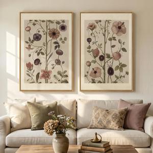Large Framed Vintage Botanical Wall Art Set of 2, Neutral Antique Floral Canvas Painting Prints Artwork for Walls, Retro Rustic Farmhouse Flowers Pictures for Living Room Bedroom Wall Decor, 24x36 In