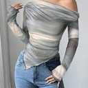 Women's Y2K Crop Top Long Sleeve Slim Fit Elegant Stretch Pullover One Off Shoulder Off Shoulder Asymmetric Sexy Tight Tops Long Sleeve T-Shirts Top, S