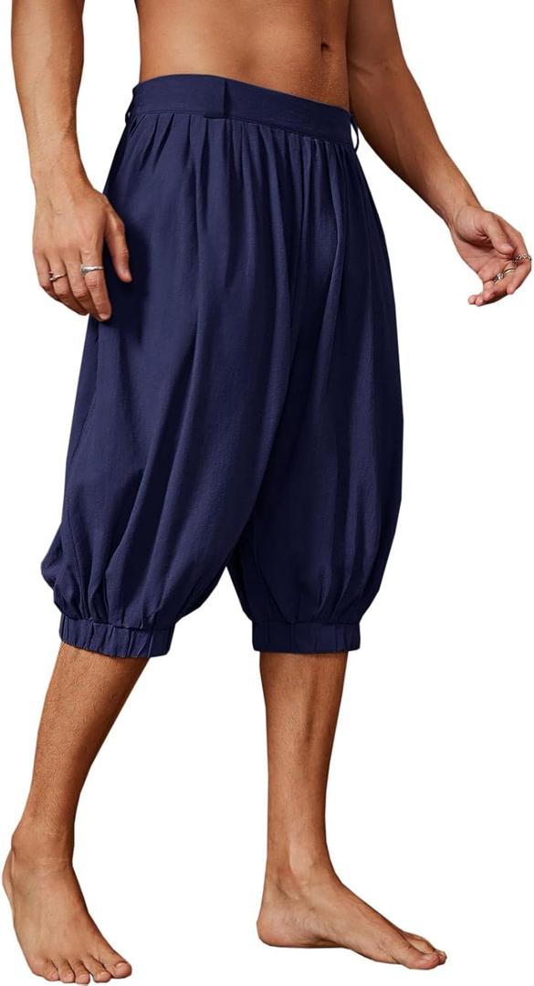 Runcati Mens Medieval Pirate Shorts Renaissance Viking Colonial Linen Halloween Costume Pants (Large, Navy)