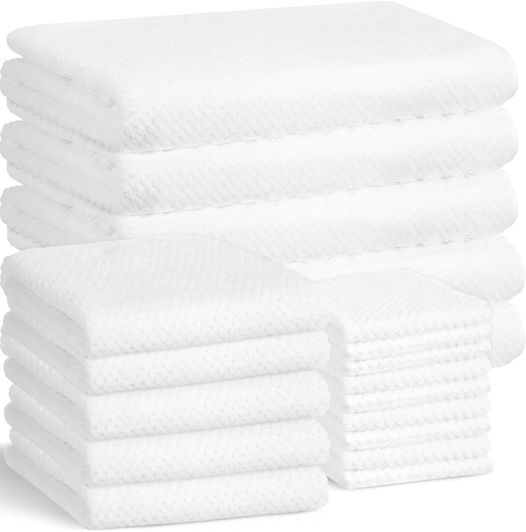 Mixweer 20 Pcs Bath Towel and Washcloths Set for Bathroom Includes 5 Bath Towels 5 Hand Towels 10 Washcloths, Soft Coral Velvet Absorbent Quick Dry for Sports Shower Hotel Spa (White)