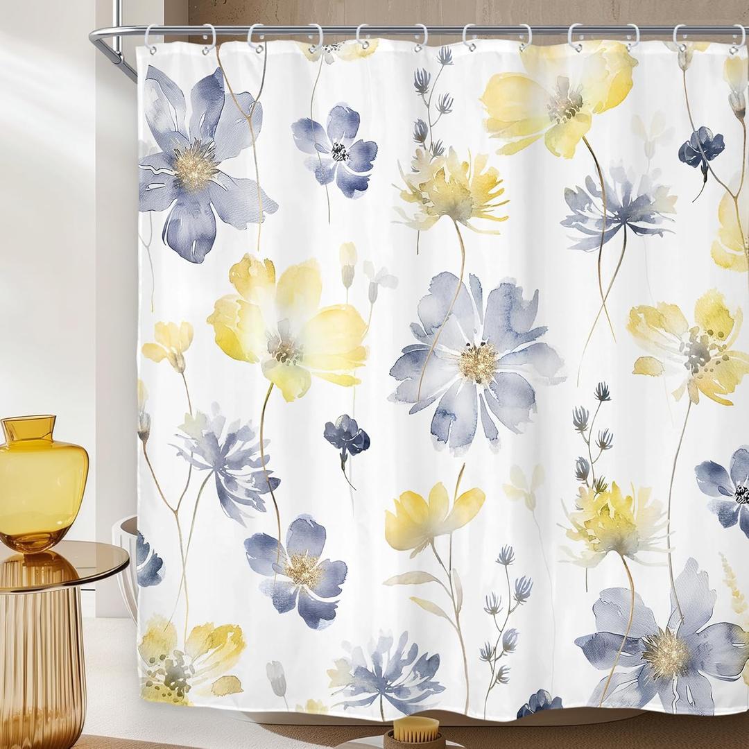 Riyidecor Yellow Floral Flower Shower Curtain for Bathroom Decor 72Wx72H Rustic Spring Wildflower Cute Boho Watercolor Plant Botanical Art Printed Fabric Polyester Waterproof 12 Pack Plastic