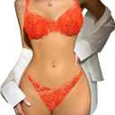 Lilosy Sexy Floral Lace Scallop Underwire Push Up Sheer Lingerie Set Outfits (Orange, S)