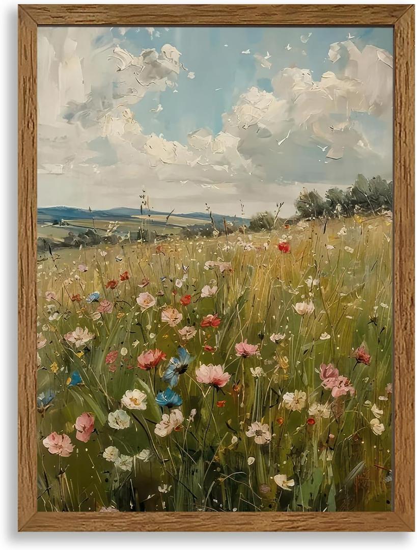 AVECCO Vintage Peaceful Wildflower Canvas Wall Art, Nature Floral Artwork Landscape Wall Decor, Colorfu Botanical Art Prints for Bedroom Living Room Office Home Decoration 12x16 Inches Wood Framed