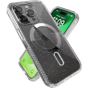 Speck iPhone 15 Pro Case - ClickLock No-Slip Interlock, Built for MagSafe, Drop Protection Grip - Anti-Yellowing 6.1 Inch Phone Case - Presidio Lux Grip Clear/Platinum Glitter