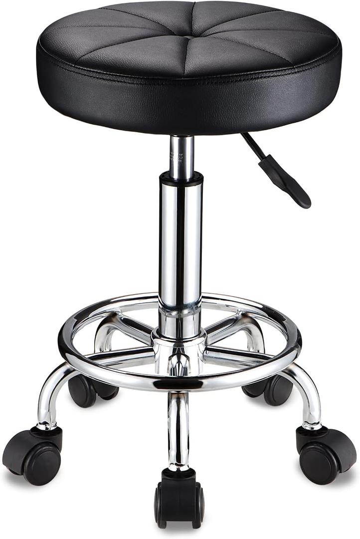 Round Rolling Stool with Wheels Height Adjustable Swivel Stool Chair for Spa Salon Massage Black
