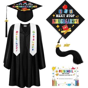 Bokon 4 Pcs 2026 Kindergarten Preschool Graduation Cap and Gown with Tassel Graduation Stole and Certificate for Toddler Kids (Black,27)
