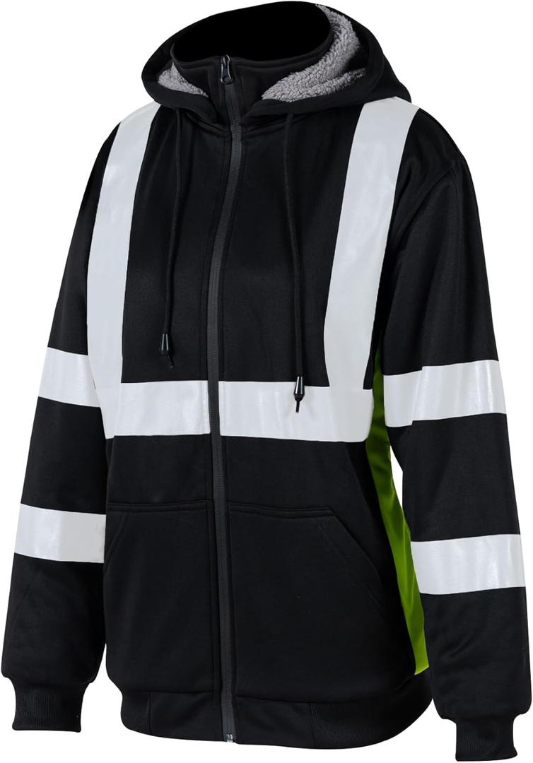 High Visibility Safety Sweatshirt for Women Reflective Wool Fleece Inner Hi Vis Construction Work Hoodie with Detachable Hat Full Zip (3X-Large, Black)