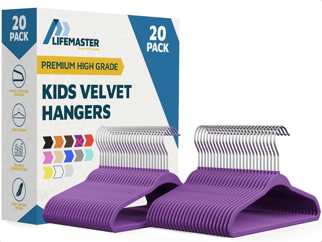 Purple Velvet Kids Hangers 20 Pack, 10.83" Non-Slip Baby & Toddler Hangers for Clothes, Space-Saving Slim ABS Plastic with 360 Swivel Hook & Notched Shoulders, Up to 10 lb Capacity