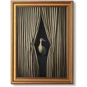 Gold Framed Wall Art, Moody Crane Pictures Wall Decor, Vintage Eclectic Bird Canvas Prints, Whimsical Surreal Humorous Animal Printings, Striped Artwork for Bathroom Bedroom Home Decor 16x24 Inch