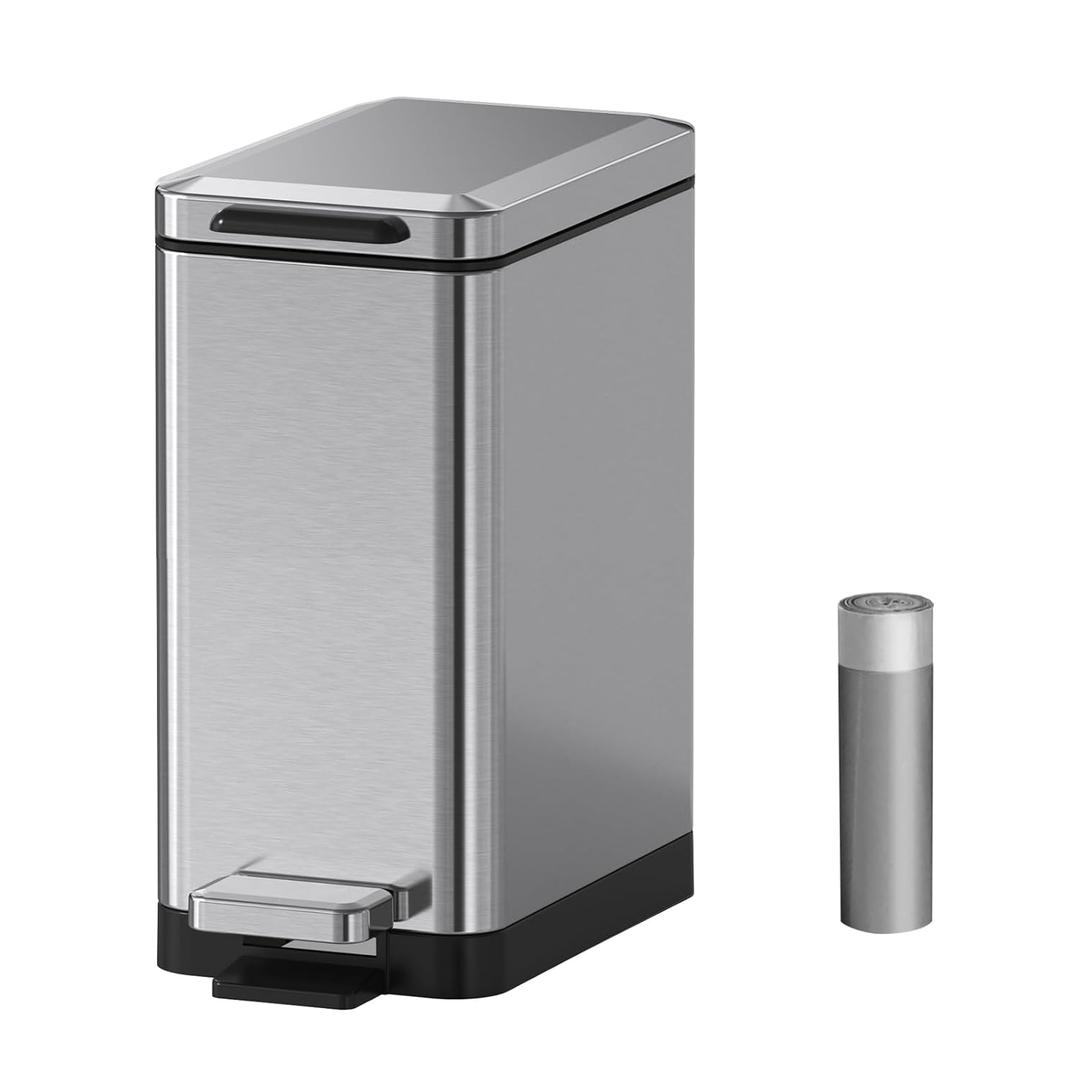 Mbillion Bathroom Trash Can with Lid Slim Stainless Steel Small Bathroom Garbage Can 10 Liter, 2.6 Gallon Soft Close, Step Pedal, Slim Wastebasket for Toilet, Office, Bedroom, Brushed Silver