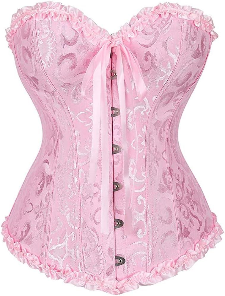 SZIVYSHI Corset Tops for Women, Bustier Shapewear Lingerie, Lace Waist Push Up Bodysuit (Medium, Pink)