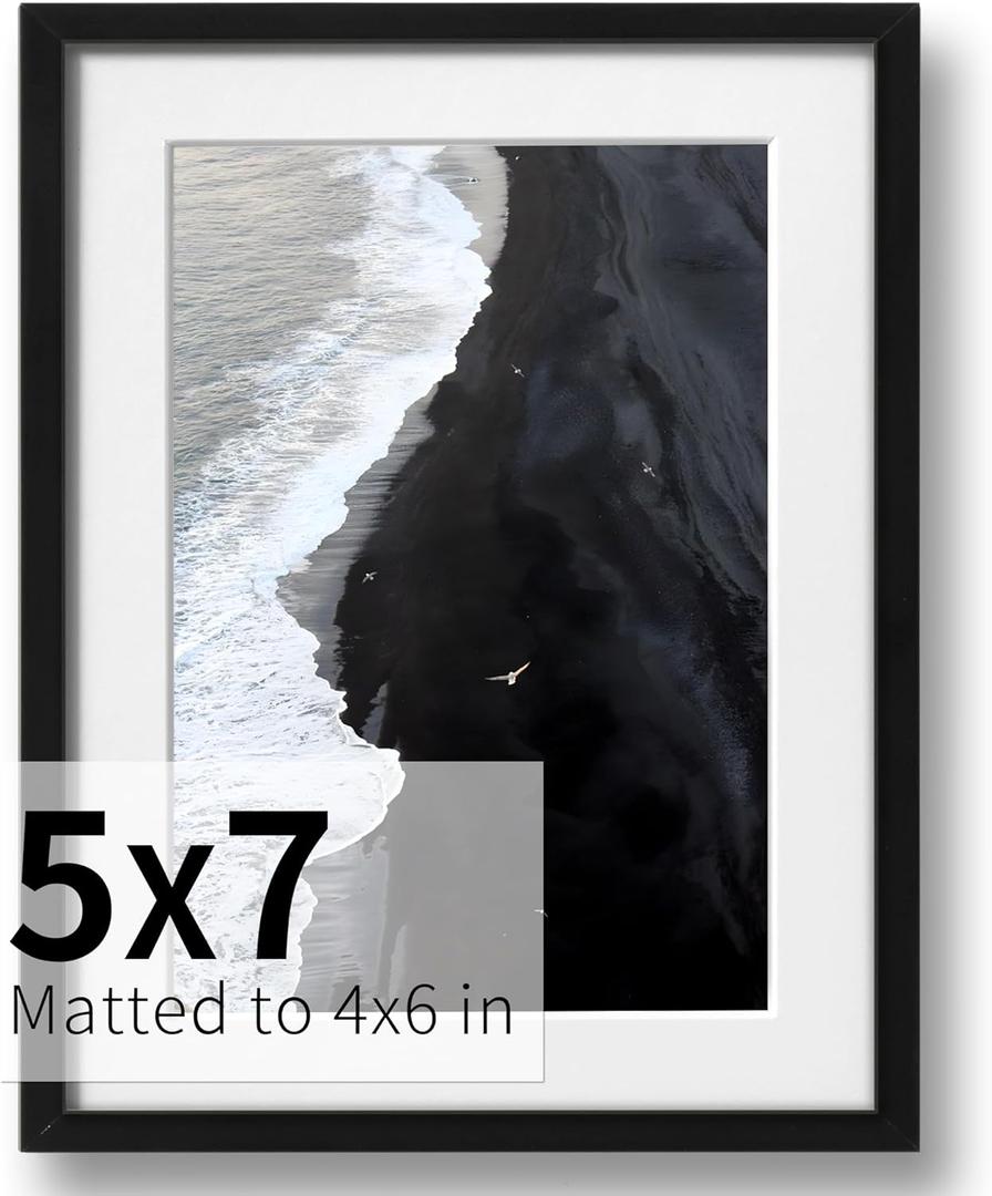 ZLG Black 5x7 Frame, Premium 5x7 Metal Frame Matted to 4x6, 5x7 Picture Frame, High Definition Plexiglass, Wall Hook Included, Set of 1