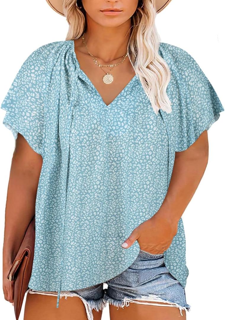 Halife Women's Plus Size Boho Tops Floral String V Neck Casual Summer Beach Blouses Shirts, XL