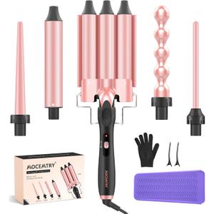 MOCEMTRY 5 in 1 Curling Wand Set (0.35"-1.25") with 3 Barrel Hair Crimper, Bubble Curling Wand and 3 Ceramic Barrels, Curling Iron 1 inch Crimper Hair Tool Waver with Two Temp Control, Gifts for Women (Pink)