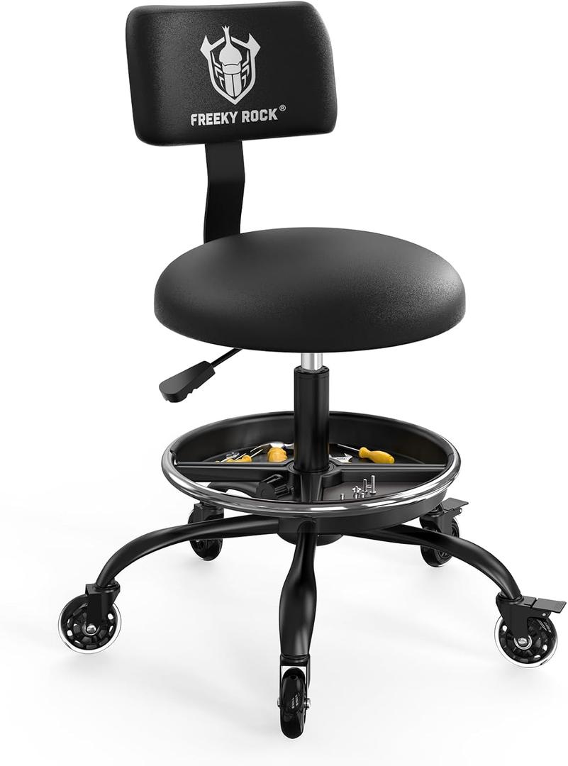 Rolling Shop Stool with Wheels, Garage Mechanic Stool Chair with Backrest, Height Adjustable Heavy Duty Swivel Task Chair, Adjustable Footrest with Storage Tray for Garage Kitchen Salon Tattoo (Black), 22.4" W X 2.76" D X 18.7" - 25.59" H