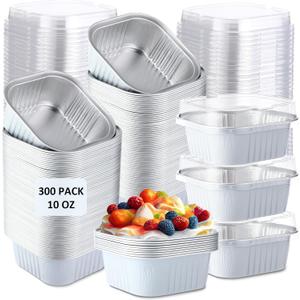 Aoriher 300 Pieces 10 oz Mini Cake Pans with Lids, Aluminum Foil Baking Cups, Square Disposable Cupcake Cups Baking Tins for Wedding Birthday Party Supplies(White, Silver)