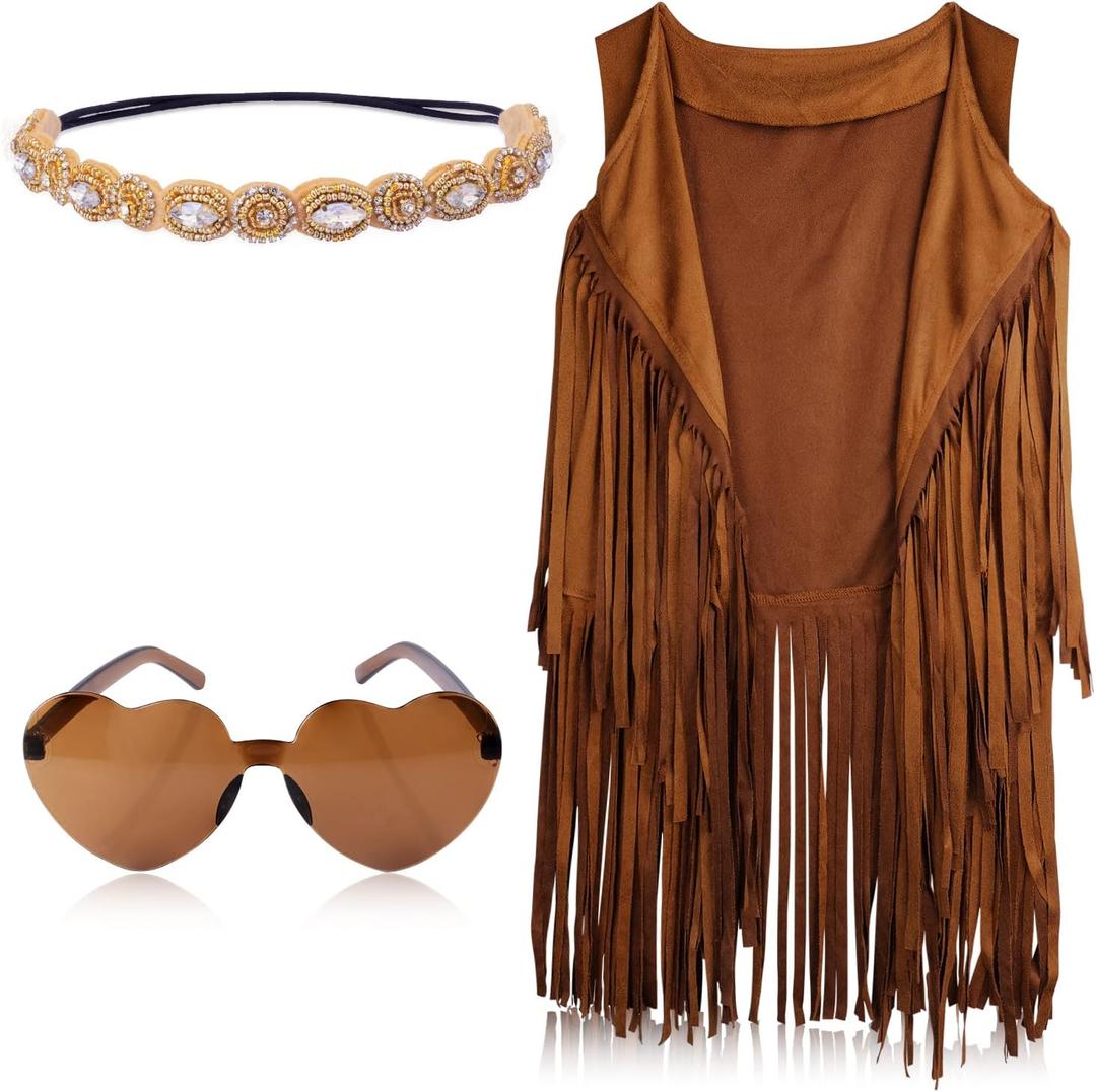 KINBOM 60s 70s Hippie Costume Set for Women, Bohemian Costume Accessories Set Fringe Vest Leopard Print Earrings Headband Heart Sunglasses (XXL) (L)