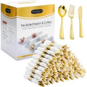 ISFANGCO 50 Pack Pre Rolled Gold Plastic Silverware Set with Napkins,Disposable Wrapped Heavy Duty Cutlery Set for Wedding Birthday Party-50 Forks,Knives,Spoons,Napkins,Utensils Set,Plasticware Bulk