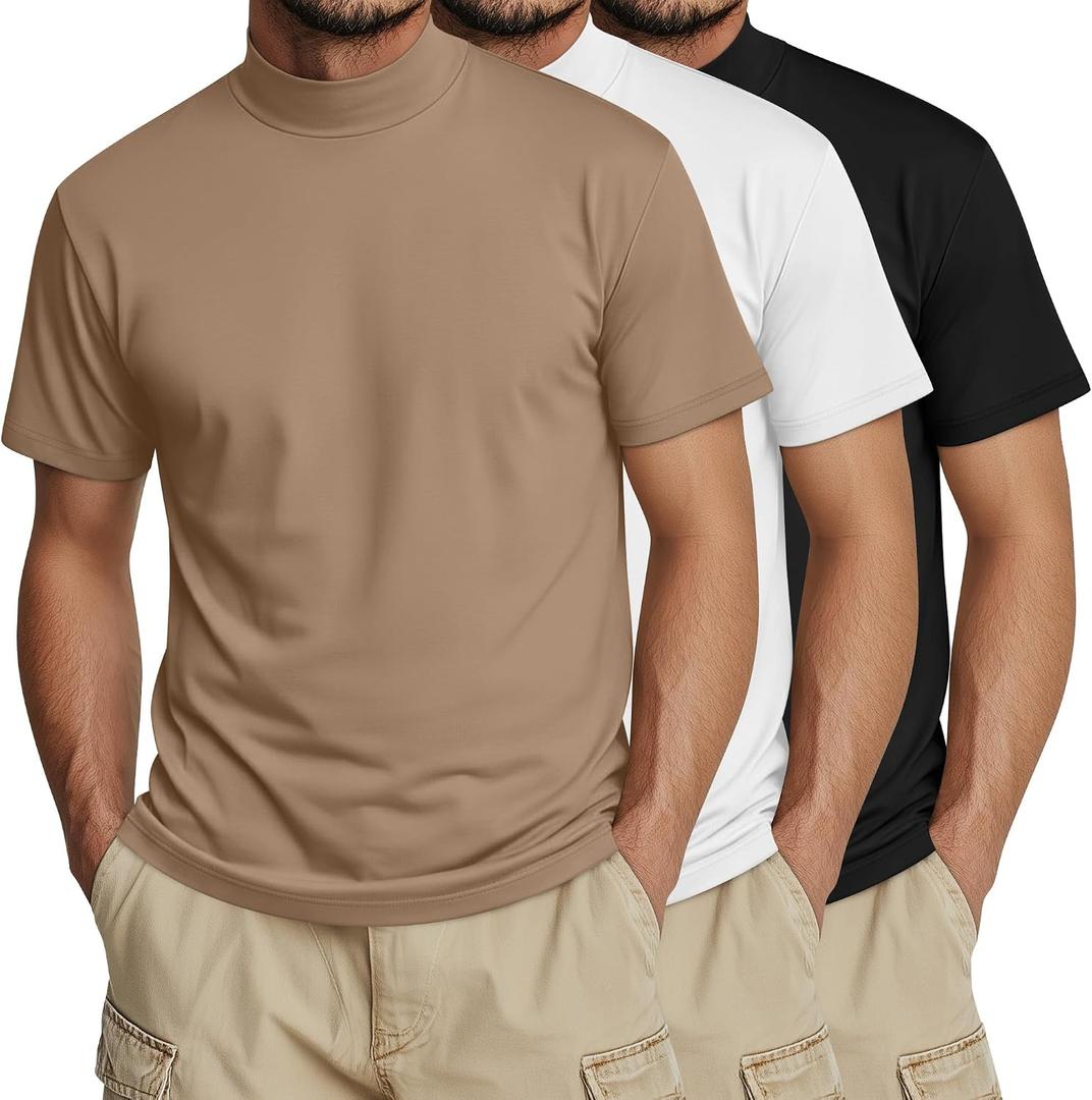 Ficerd 3 Pack Men's Turtle Neck Shirts, Short Sleeve Mock Turtleneck T Shirts Knitted Slim Fit Basic Undershirt Tops, Large