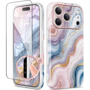 GVIEWIN for iPhone 17 Pro Case Compatible with MagSafe, with Screen Protector [Full Camera Protection] Military-Grade Shockproof Slim Magnetic Marble Phone Case for 17 Pro 6.3", Swirls/Colorful