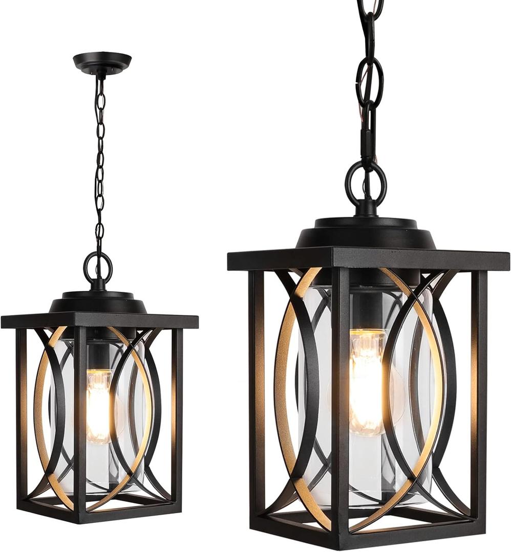 PARTPHONER Outdoor Pendant Light Fixture, Modern Black Exterior Hanging Lantern Anti-Rust Metal Hanging Lights with Clear Glass Shade and Adjustable Chain for Porch Foyer Doorway Front Door 1 Pack