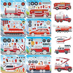 24 Sheets Truck Stickers for Kids, Make a face Sticker, Make Your Own Fire Truck Stickers with 8 Designs Fire Themed Truck for Kindergarten Birthday Gift Classroom Fire Party Favors