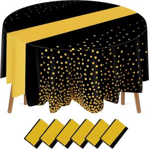 Newwiee 6 Pcs 84 Inch Polka Dot Round Disposable Tablecloths Plastic Table Cover Plastic Tablecloth with Runner Printed for Wedding Valentine's Day Graduation Spring Birthday Party (Black,Gold)