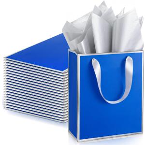 Yeaqee 24 Pack Metallic Paper Gift Bags with Handle and Tissue 9x7x3.1 Gold Foil Welcome Thank You Favor Bags Return Gifts for Wedding Mothers Graduation Bridesmaid Birthday(Royal Blue,Silver)