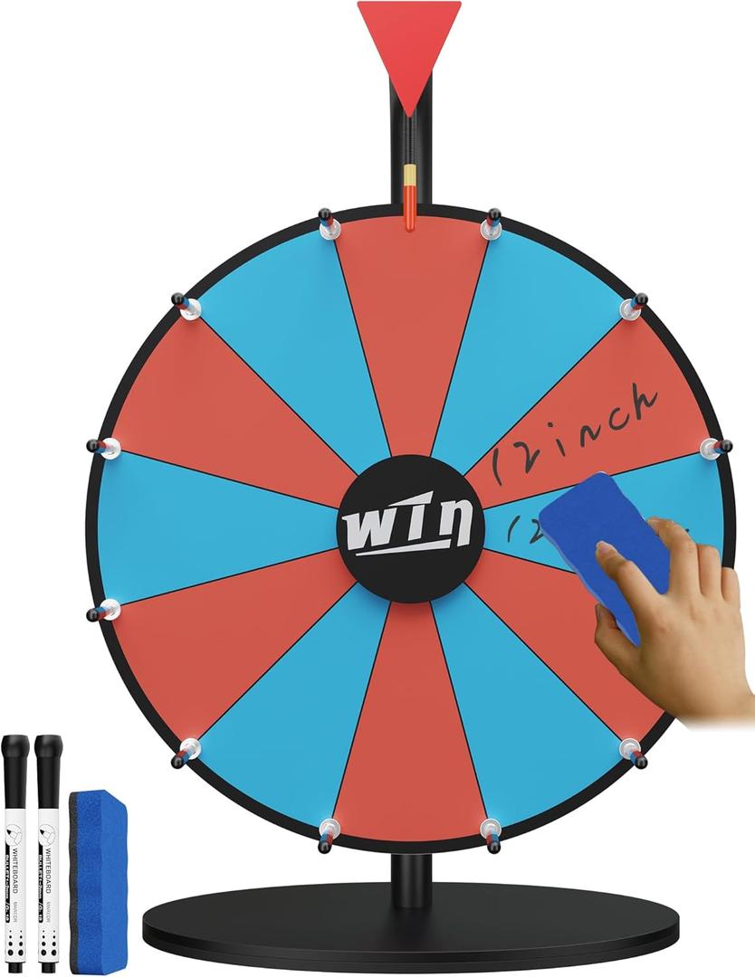Heavy Duty Spinning Wheel for Prizes, 12inch Prize Wheel with Dry Erase Marker & Eraser, Colors Spin Wheel, 12 Slots Wheel Spinner with Stand for Trade Shows, Carnivals, Home, Party