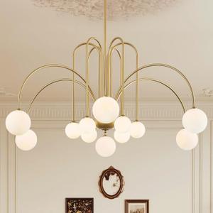 Large Gold Sputnik Chandelier Mid Century 12 Lights Modern L52 Milk Glass Globe Ceiling Pendant Light Fixture for High Ceiling Foyer Staircase Living Dining Room