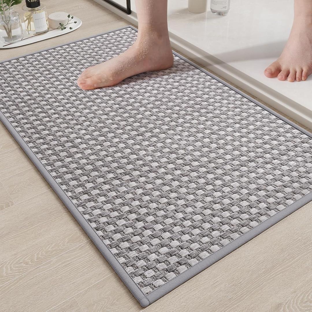 YDKGL Non Slip Bath Mat Bathroom Rugs, Soft Braided Ultra Thin Bath Mats, Super Absorbent Quick Dry Bath Rug Shower Mat, Rubber Backing, Fit Under Door Bathroom Floor, Machine Washable, Gray 27 x 17 inch