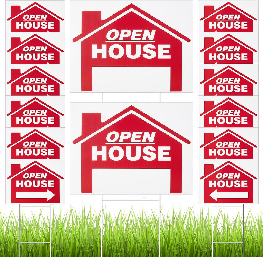 14 Pack Open House Sign for Real Estate 24 x 18 Inch Double Sided Sign Posts Plastic Heavy Duty Directional Yard Mark with Left Right Arrows 14 Pcs H Metal Stakes(Red)