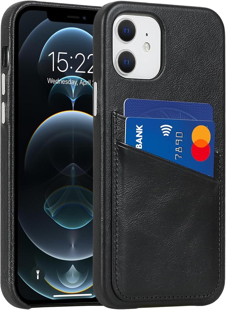 LUCKYCOIN for iPhone 12 Wallet Phone Case with Credit Card Holders,Retro Genuine Leather Purse Covers with Metal Buttons,Durable Shokproof Protective Bumper Case Raised Bezel Design-Black